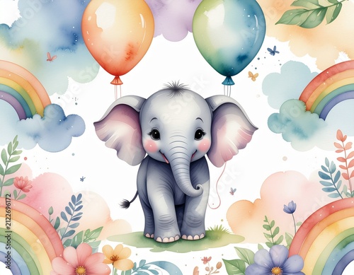 Cute Baby Elephant with Balloons Surrounded by Rainbows, Flowers, Butterflies, Leaves, and Birds in a Colorful Watercolor Style