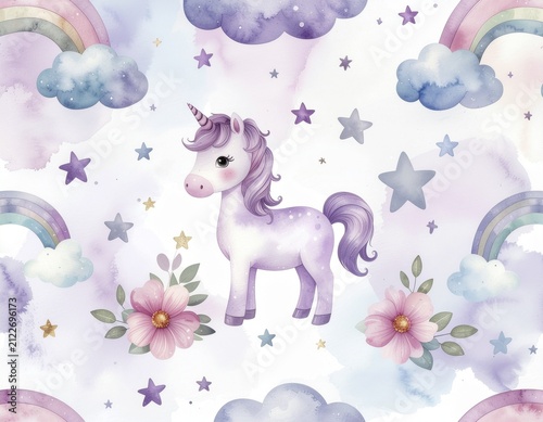 Seamless watercolor pattern with cute baby unicorn, rainbows, pastel clouds, stars, and flowers for nursery decor, kids wallpaper, and whimsical backgrounds