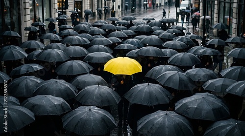 Large crowd of people walking with umbrellas in heavy rain. Business professionals commuting during downpour in urban city street.