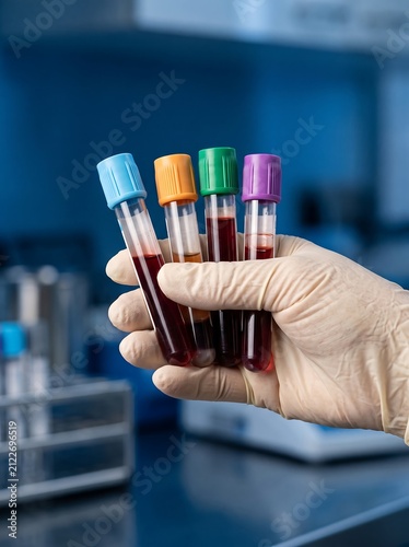 Medical professional holding multiple blood collection tubes with colorful caps in a modern clinical laboratory