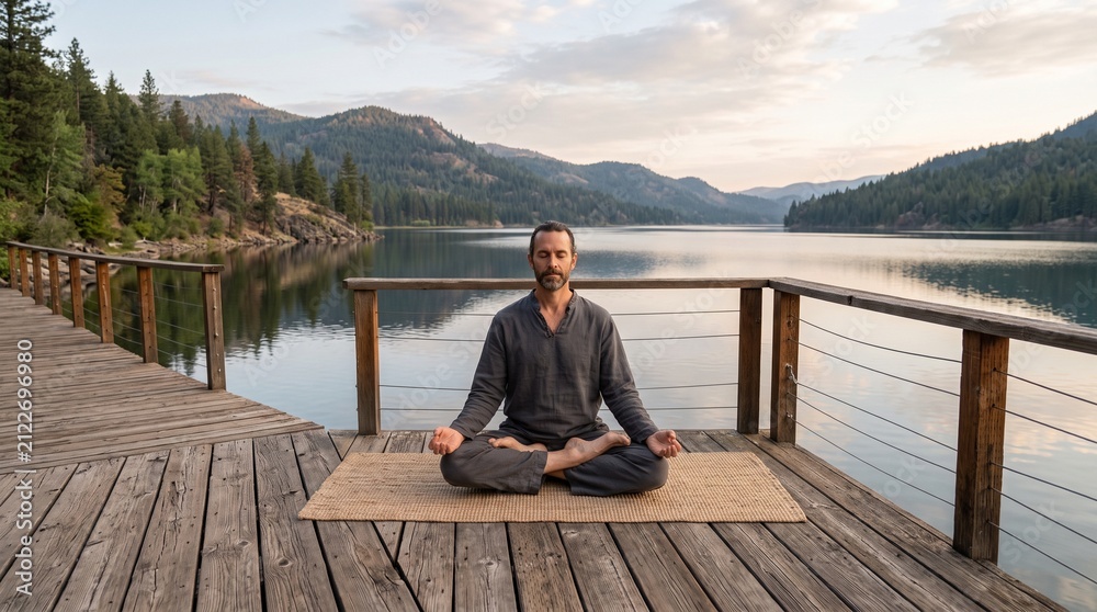 Fototapeta premium Man meditating peacefully on a wooden deck by a serene lake surrounded by mountains and pine trees