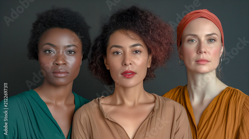 MULTICULTURAL PORTRAIT OF THREE BEAUTIFUL DIVERSE WOMEN EMBRACING FEMININITY AND INCLUSION