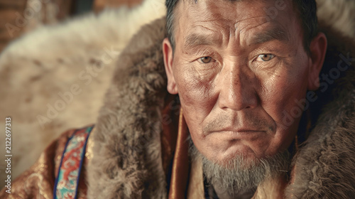 CLOSE UP PORTRAIT OF AN ELDERLY INDIGENOUS MAN IN TRADITIONAL FUR CLOTHING WITH WRINKLED FACE