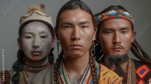 INTENSE CINEMATIC PORTRAIT OF THREE INDIGENOUS PEOPLE WITH TRADITIONAL CLOTHING AND FACE PAINT