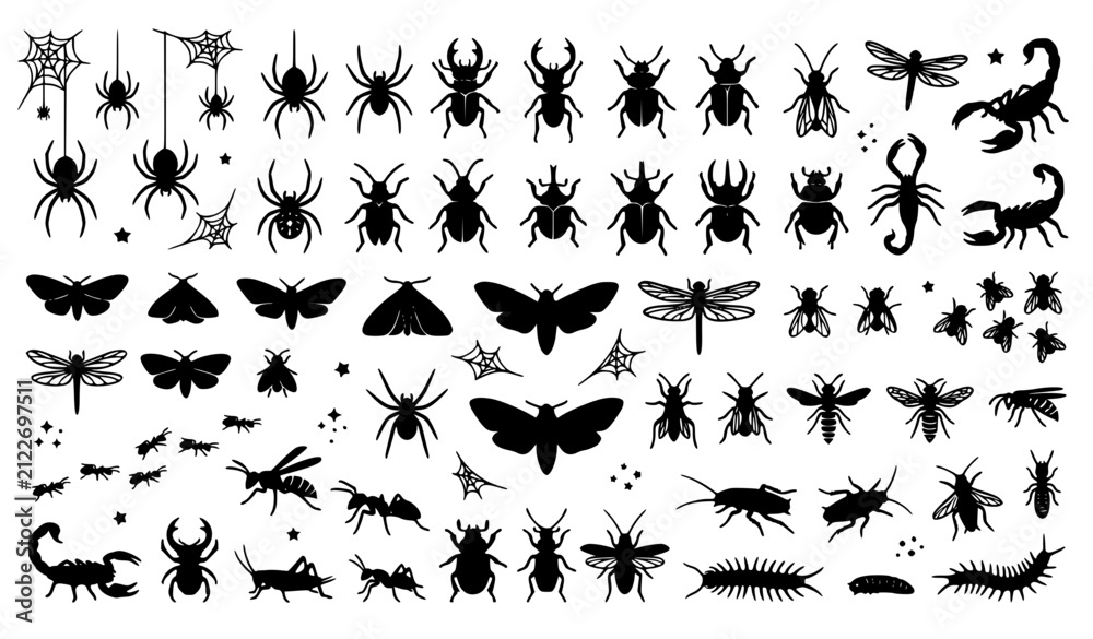 Fototapeta premium Halloween Creepy Insect Silhouettes Black Vector Icon Pack