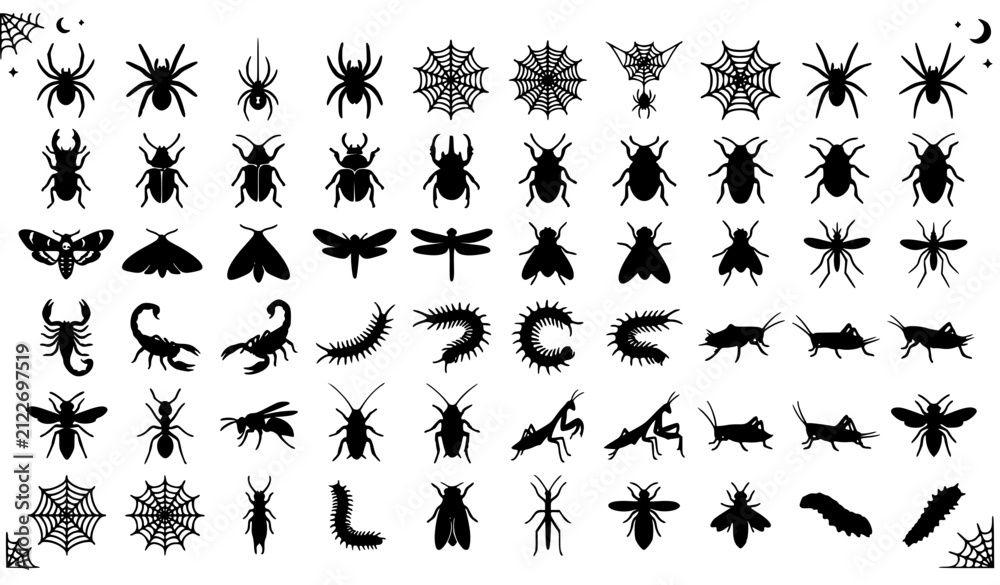Fototapeta premium Halloween Insect Set Black Silhouette Creepy Bug Vector Collection