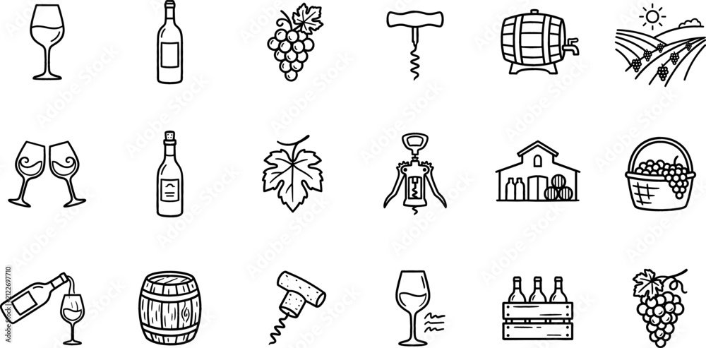 Obraz premium A collection of various wine related icons featuring bottles glasses grapes corkscrews barrels and winery equipment in a simple black line art style