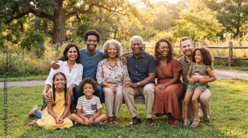 Fototapeta premium Multi generational diverse family enjoying a sunny day outdoors in a park with lush green trees and flowers