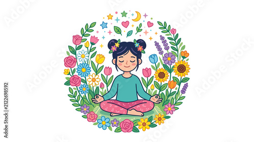 Girl Meditating in Floral Circle
