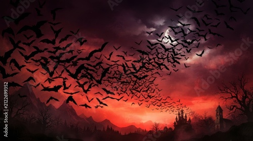 Swarm Of Bats Against Dramatic Red Sunset Sky