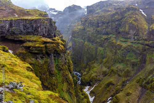Mulagljufur Canyon misty landscape with vertical cliffs covered with lush green moss, spring, Iceland.
