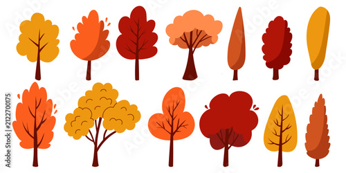 Colorful Autumn Tree Collection Isolated on White Background