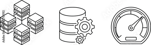Data center server and storage optimization icon set featuring cloud computing server racks database cylinder with gears and performance speedometer line vector illustrations