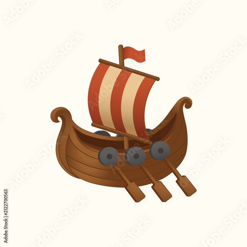 Stylized Viking Longship with Striped Sail and Shields