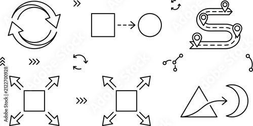 Canvas Print Process transformation and workflow mapping icon set featuring recycling loop ar