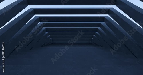 3D Render of Camera Moving Forward Through Dark Rectangular Geometric Tunnel