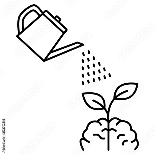 Watering brain plant line icon, personal growth and mental health nurture concept outline vector