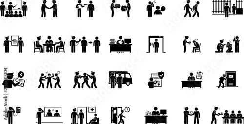 Prison and justice system icons set, 28 black vector pictograms of jail life and law enforcement, inmate and police officer silhouettes for legal infographics
