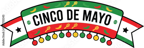 Foto Cinco de mayo ribbon banner with colorful pom poms and mexican flag colors