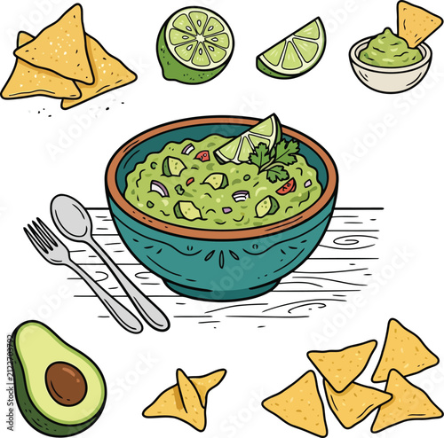 Foto Fresh guacamole bowl with lime avocado and crunchy tortilla chips on a wooden ta