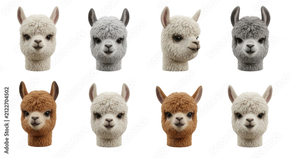 Naklejka premium eight alpaca heads in various colors against a white background animal themed design elements
