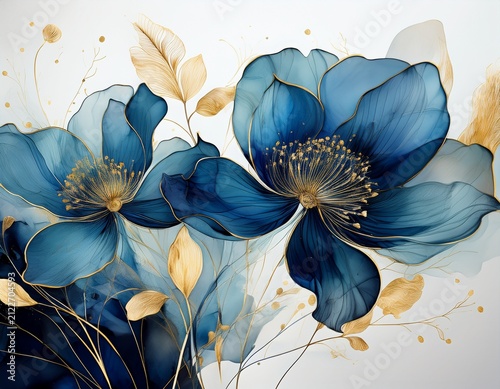elegant abstract floral composition translucent blue flowers with flowing ink like textures and soft golden accents modern artistic design inspired by watercolor and contemporary botanical art