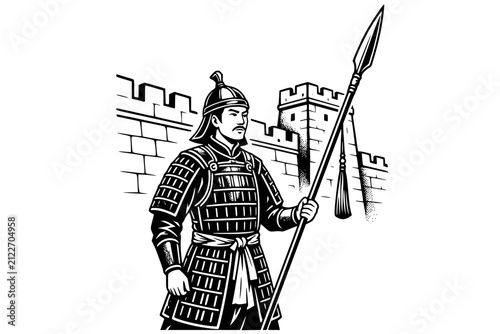 Black and white vector illustration of a Chinese warrior wearing ancient armor and holding a traditional spear in front of a fortress