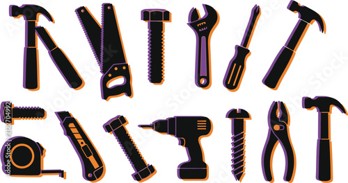 Hand tools and carpentry hardware vector icon set with purple accents for home renovation branding