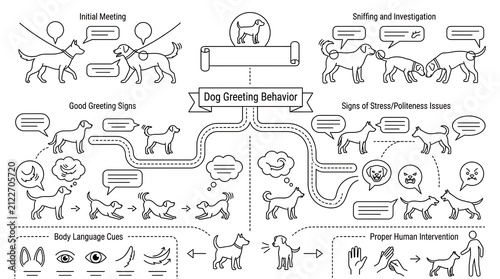 Infographic showing dog greeting behavior and body language cues