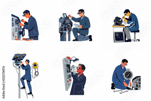 Collection of professional technicians and mechanics repairing and maintaining complex aircraft cockpit instruments and electronic flight systems, flat vector illustration.