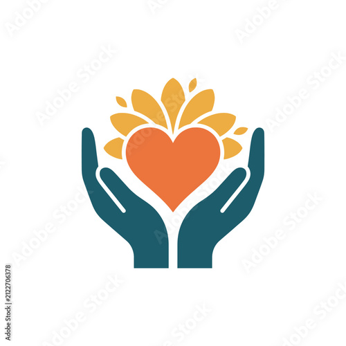 Hands holding heart with sun rays icon.