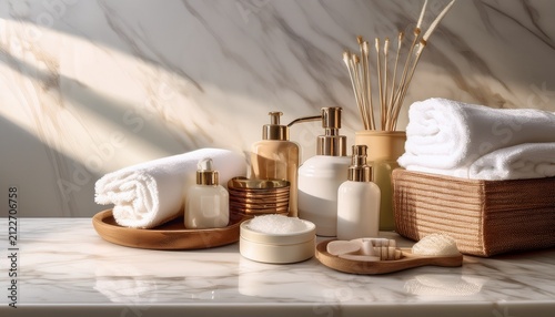 luxury spa bathroom accessories on marble counter