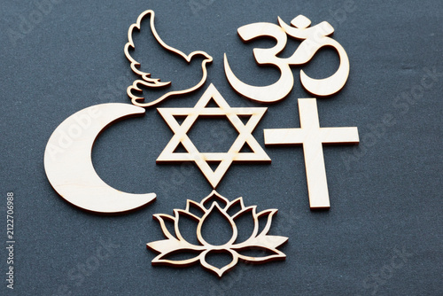 Interfaith symbols representing the harmonious coexistence of Christianity, Islam, Judaism, Hinduism, and Buddhism. This composition illustrates interfaith dialogue and mutual tolerance.