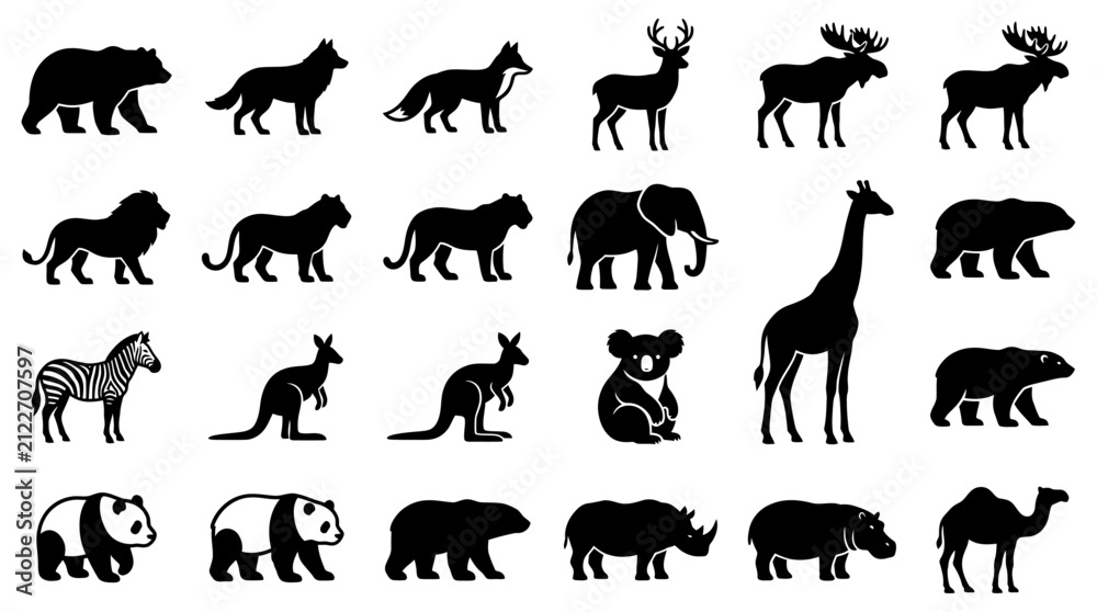 Fototapeta premium Set of diverse wild animal silhouettes featuring various mammals and safari creatures isolated on white background