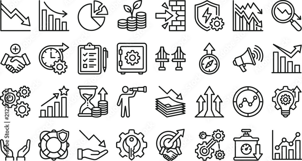 Fototapeta premium Comprehensive business and finance icon set vector bundle featuring thin line illustrations for corporate data analysis management and professional marketing strategy projects