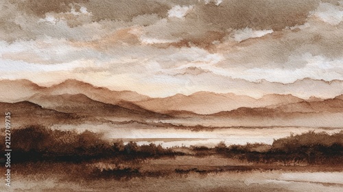 Clouds Floating Over Mountain Peaks Under a Blue Sky with Ocean Horizon and Golden Sunset Light in a Serene Nature Landscape
