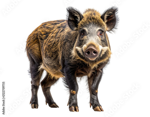Full body wild boar, positioned center frame on a pristine white background, snout uplifted, eyes focused quietly asserting dominance