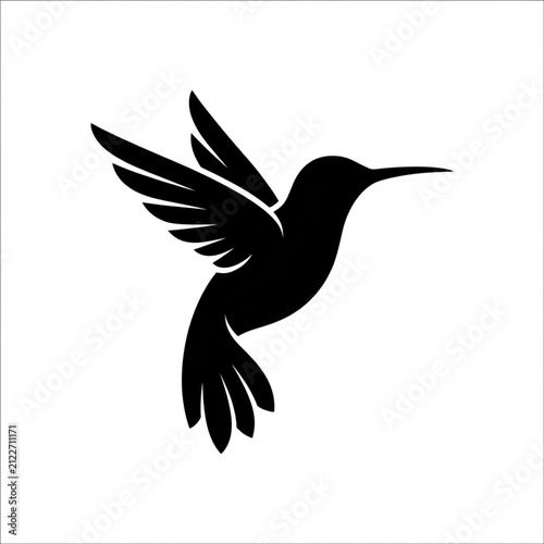 Hummingbird in mid-flight silhouette against white background. Black bird vector illustration for nature and wildlife design projects.