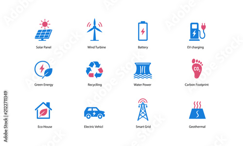 Eco friendly and sustainability icon set featuring solar panel, wind turbine, EV charging, carbon footprint, and smart grid