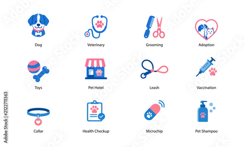 Veterinary care and pet accessories icon set featuring dog, pet adoption, grooming, vaccination, leash, and collar