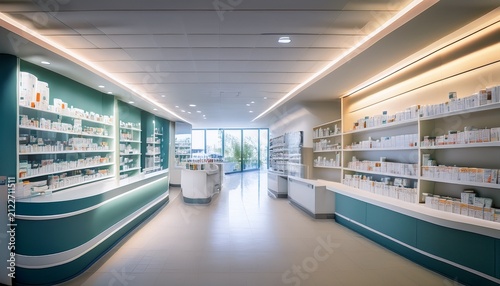 an empty modern pharmacy interior with neatly arranged products on shelves bright lighting and a clean organized atmosphere