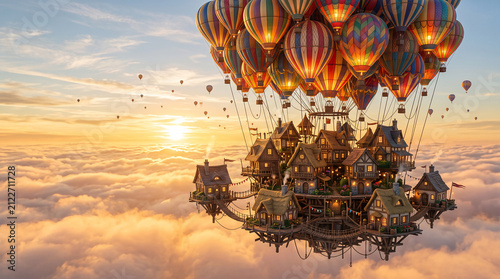 A quaint village of tiny cozy houses floating in the sky under huge colorful balloons 