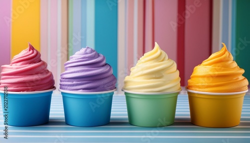 colorful frozen yogurt cups on striped background