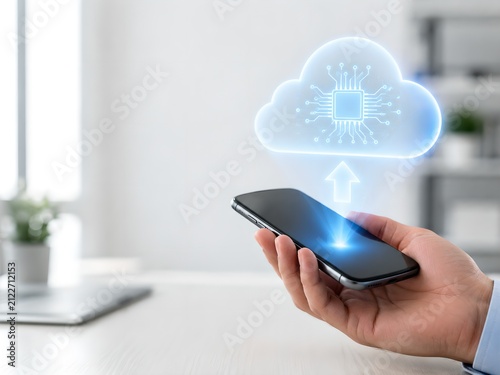 Hand Holding Smartphone with Cloud AI Backup Assistant