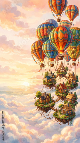 A quaint village of tiny cozy houses floating in the sky under huge colorful balloons 