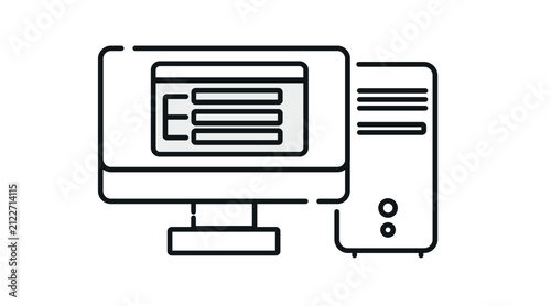 Desktop computer tower and monitor with website layout design on screen vector icon. Black line art style on white background.