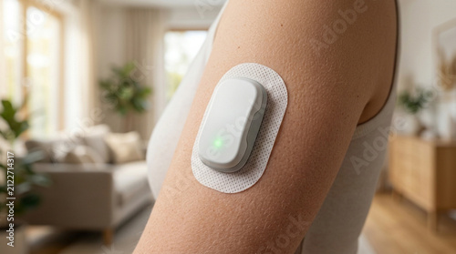 Woman's arm with CGM sensor, modern health technology, diabetes care, medical device