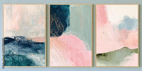 Set of three modern abstract oil paintings in wooden frames with blush pink and navy blue palette