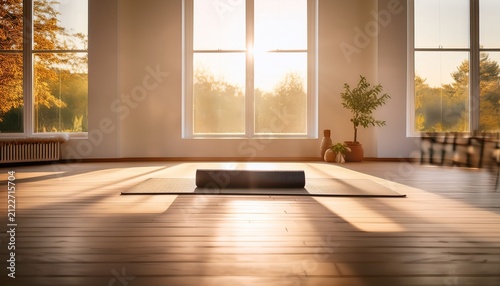 serene yoga studio bathed in natural light empty mat ready for practice with room for copy space