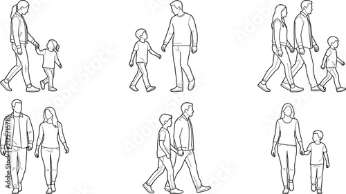 Diverse set of parents and children walking together in casual clothing line art style vector illustration